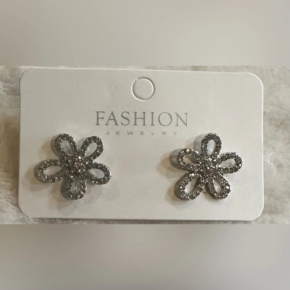 Floral silvertone rhinestone earrings - new in package. - Picture 4 of 5